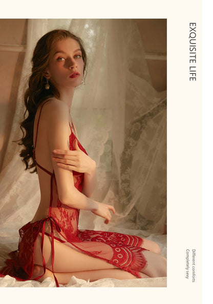 若隐若现|水溶花绑带镂空透视蕾丝连体裙