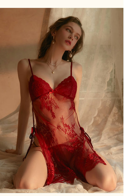 若隐若现|水溶花绑带镂空透视蕾丝连体裙