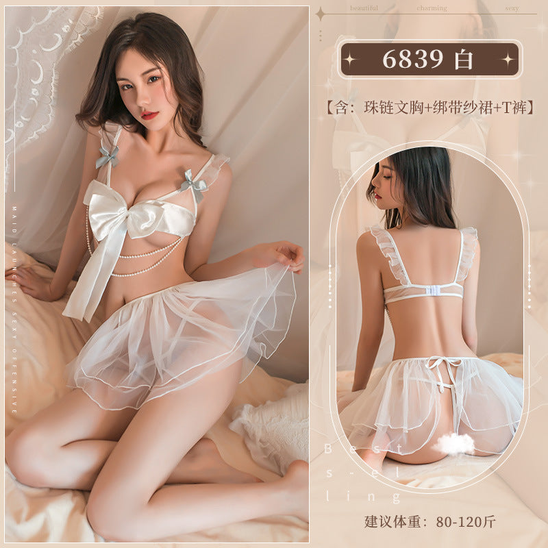 绸缎蝴蝶结伴珍珠链条纱裙情趣内衣