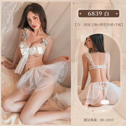 绸缎蝴蝶结伴珍珠链条纱裙情趣内衣