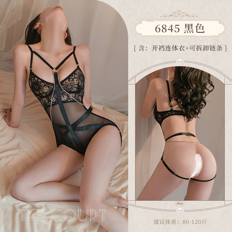 紧身御姐|织带缠身开裆束缚连体衣+可拆卸链条