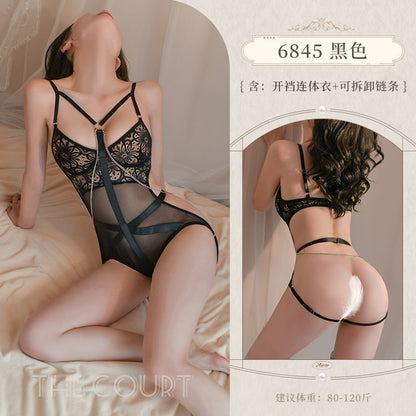 紧身御姐|织带缠身开裆束缚连体衣+可拆卸链条