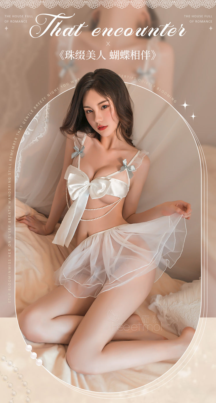甜妹的告白|绸缎蝴蝶结伴珍珠链条纱裙情趣内衣