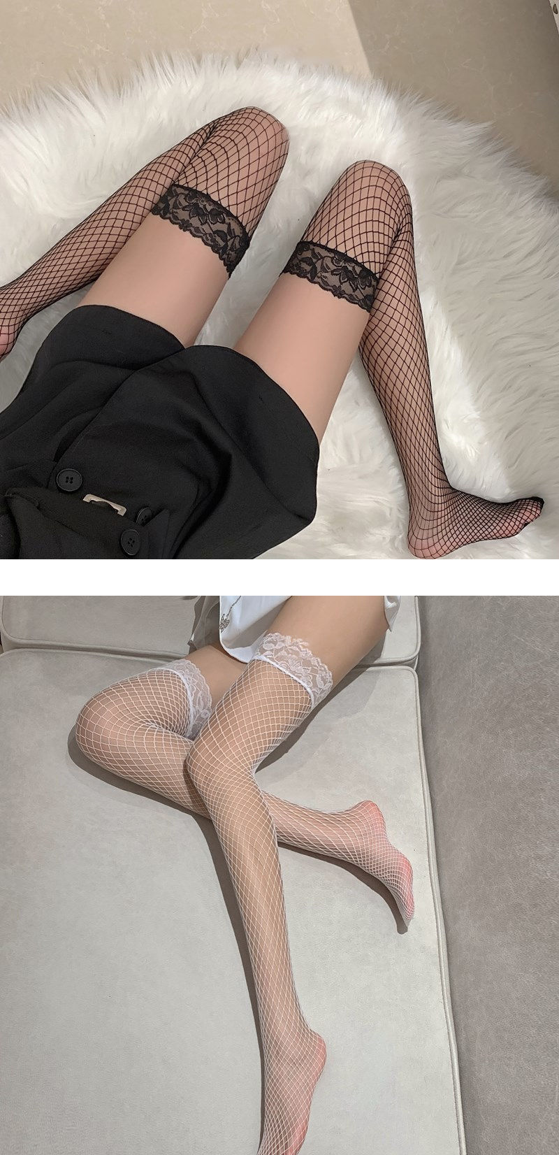 蕾丝边过膝渔网袜
